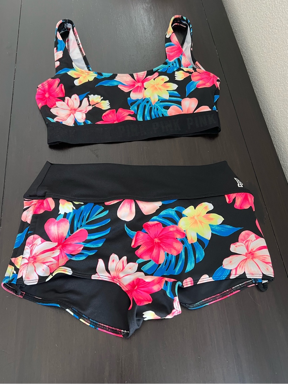 PINK Victoria's Secret Black Floral Activewear- Swim 2 Piece Set Size S